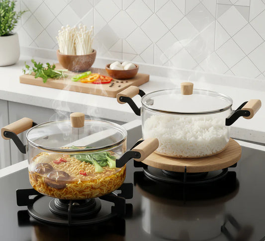 Wooden Handle Double Ear Glass Pot