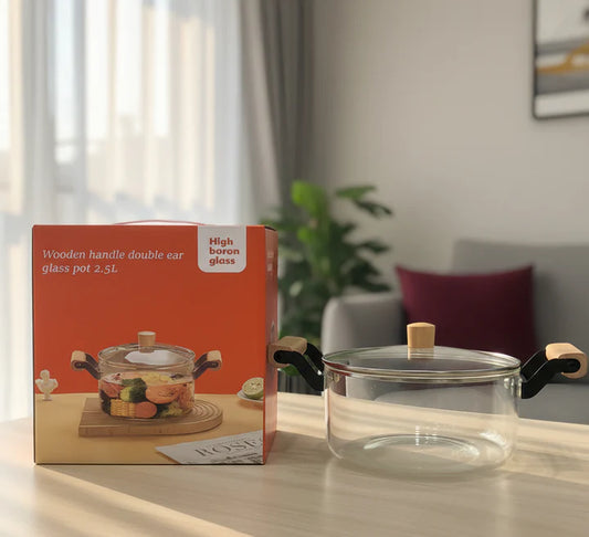 Wooden Handle Double Ear Glass Pot